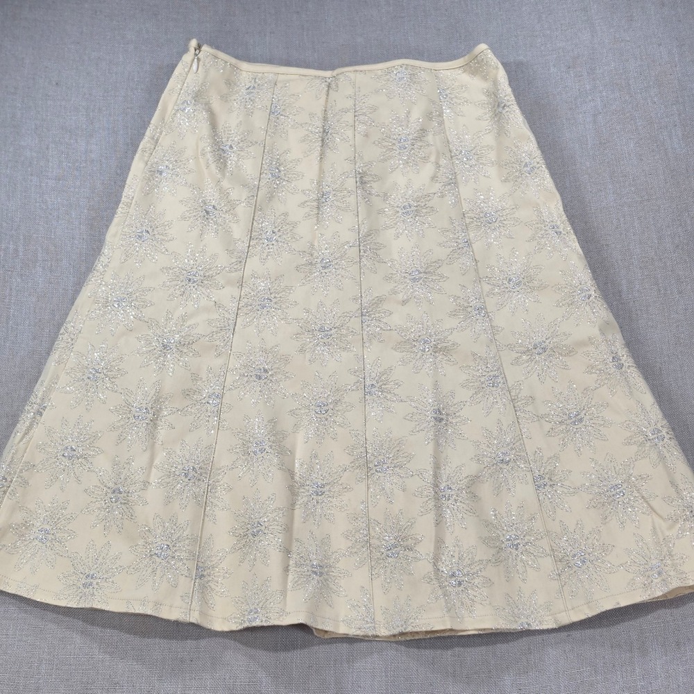Ruth A-Line Skirt Womens Size 6 Beige Silver Floral Embroidered Excellent Lined